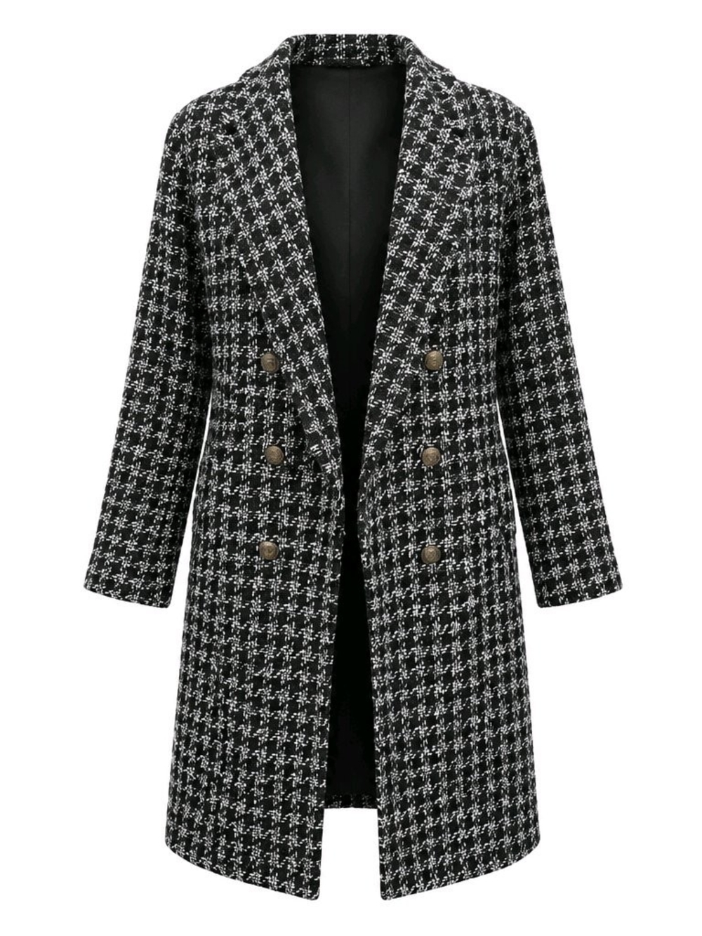 Classic Black & White Houndstooth Double-Breasted Coat